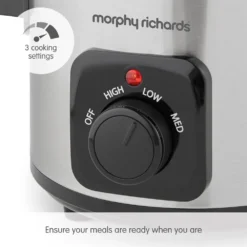 Morphy Richards Brushed Stainless Steel 1.5L Ceramic Slow Cooker 10 Morphy Richards Brushed Stainless Steel 1.5L Ceramic Slow Cooker -KitchenVibe Zone 460300 3 cooking settings text